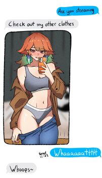 1girl cellphone chat_log coat fake_phone_screenshot fake_screenshot gradient_hair green_hair hashtag-only_commentary highres holding holding_phone hololive hololive_english lifting_own_clothes long_hair looking_at_phone midriff mirror_selfie multicolored_hair navel open_clothes open_coat orange_hair paid_reward_available panties phone purple_eyes ritorugalaxy selfie solo takanashi_kiara text_messaging underwear virtual_youtuber