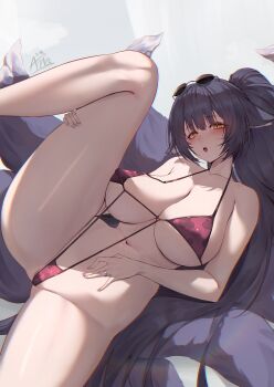 1girl absurdres alternate_costume animal_ears annasui_factory azur_lane bikini black_hair blush breasts collarbone commentary covered_erect_nipples eyewear_on_head feet_out_of_frame fox_ears fox_girl fox_tail halterneck highres jewelry kitsune large_breasts leg_grab leg_up long_hair looking_at_viewer lying making-of_available multiple_tails musashi_(azur_lane) navel on_back open_mouth paid_reward_available ponytail red_bikini ring round_eyewear solo sunglasses swimsuit tail very_long_hair yellow_eyes