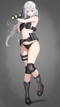 1girl absurdres alternate_costume bikini black_bikini black_boots boots breasts butterfly_hair_ornament closed_mouth commentary_request echidna_(re:zero) flashlight full_body gibun_(sozoshu) gradient_background grey_background gun h&amp;k_usp hair_ornament handgun highres holding holding_gun holding_weapon lace-up_boots long_hair medium_breasts navel purple_eyes re:zero_kara_hajimeru_isekai_seikatsu smile solo swimsuit tachi-e thighs weapon white_hair