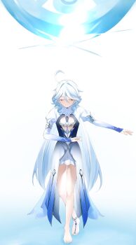 1girl barefoot blue_dress blue_nails closed_eyes closed_mouth cowlick dress floating floating_object floating_weapon focalors_(genshin_impact) full_body furina_(genshin_impact) genshin_impact gradient_clothes gradient_dress hair_between_eyes highres huge_weapon juliet_sleeves long_hair long_sleeves nail_polish puffy_sleeves sidelocks sleeves_past_wrists solo straight-on toenail_polish toenails two-tone_dress weapon white_background white_dress white_hair yukiusagi_(snowrabbit0508)