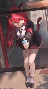1girl absurdres ahoge animal_ear_fluff animal_ears black-framed_eyewear black_jacket cat_ears cat_girl cat_hair_ornament cat_tail closed_mouth collared_shirt commentary glasses hair_ornament highres jacket long_hair looking_at_viewer loripandori nanally_(nte) neverness_to_everness red_eyes red_hair red_skirt shirt skirt smile solo tail white_shirt x_hair_ornament
