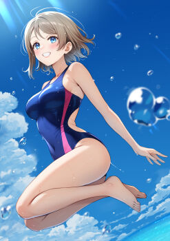 1girl air_bubble barefoot blue_eyes blue_one-piece_swimsuit blue_sky blush breasts brown_hair bubble cloud collarbone commentary_request competition_swimsuit covered_navel floating full_body grin happy_birthday highleg highleg_one-piece_swimsuit highres jumping legs light_rays looking_at_viewer love_live! love_live!_sunshine!! medium_breasts ocean one-piece_swimsuit outdoors parted_lips pink_one-piece_swimsuit revision sankuro_(agoitei) short_hair sky smile solo swimsuit thighs two-tone_one-piece_swimsuit watanabe_you water_drop wet