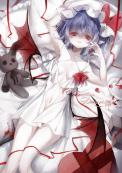 1girl arms_up bare_shoulders bat_wings blood_on_object book bow breasts dress food frilled_hat frills fruit hair_between_eyes hat hat_bow holding holding_food holding_fruit looking_at_viewer low_wings mob_cap navel parted_lips pointy_ears purple_hair red_bow red_eyes remilia_scarlet ruliso short_hair sleeveless sleeveless_dress small_breasts smile solo strawberry stuffed_animal stuffed_rabbit stuffed_toy touhou white_dress white_hat wings