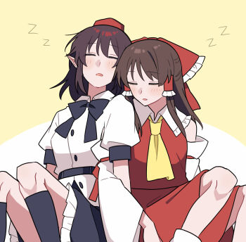 2girls ascot black_bow black_bowtie black_skirt blush bow bowtie brown_hair closed_eyes collared_shirt commentary_request detached_sleeves frilled_bow frilled_hair_tubes frills hair_bow hair_tubes hakurei_reimu hat heads_together highres leaning_on_person locked_arms long_hair multiple_girls open_mouth pointy_ears red_bow red_hat red_skirt sakic43899 shameimaru_aya shirt short_sleeves sitting skirt skirt_set sleeping tokin_hat touhou white_shirt yellow_ascot yuri zzz