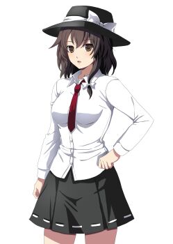 1girl absurdres black_hat black_skirt bow brown_eyes brown_hair buttons collared_shirt commentary_request corpse_party_(style) cowboy_shot dress_shirt hand_on_own_hip hat hat_bow highres kuya_(hey36253625) long_sleeves looking_at_viewer necktie open_mouth red_necktie shirt simple_background skirt solo standing touhou usami_renko white_background