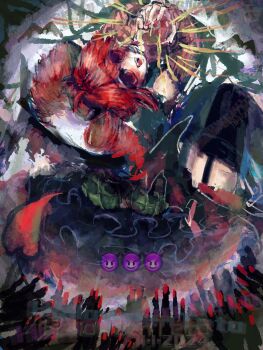 1girl ahoge apple belt black_belt black_shirt black_sleeves blush detached_sleeves double-parted_bangs drill_hair emoji eriycattttt fingernails food fruit garter_belt hair_between_eyes hell highres holding holding_food holding_fruit kasane_teto layered_skirt looking_at_viewer open_mouth red_hair red_nails shirt skirt sleeveless sleeveless_shirt solo teeth thighhighs tongue twin_drills utau white_background