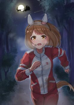 1boy 1girl alternate_costume animal_ears blunt_bangs blush breasts brown_eyes brown_hair commentary_request ewa_(ewa0310) forest heavy_breathing highres horse_ears jacket medium_breasts moon nature night open_mouth running santa_claus solo solo_focus track_jacket umamusume yukino_bijin_(umamusume)
