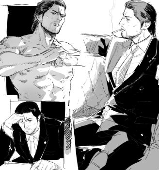 beard cigarette commentary_request couch dojima_daigo facial_hair fighting_stance fist_in_hand formal_clothes greyscale hair_slicked_back male_focus monochrome mullet muscular muscular_male neckie reading ryuu_ga_gotoku_(series) ryuu_ga_gotoku_3 sitting smoking suit tyag53