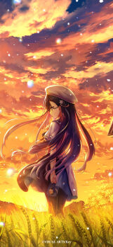 1girl absurdres anemoi arm_at_side beret black_hair black_pantyhose blue_dress cloud cloudy_sky colored_inner_hair copyright_notice dress feet_out_of_frame floating_clothes floating_hair from_side hair_between_eyes hand_up hat hayakawa_rikka highres holding holding_pocket_watch key_visual light_particles long_hair looking_ahead low-tied_long_hair multicolored_hair na-ga official_art official_wallpaper orange_sky outdoors pantyhose parted_lips pocket_watch profile promotional_art purple_eyes purple_hair short_dress short_sleeves sky solo standing sunset two-tone_dress two-tone_hair very_long_hair watch wheat white_dress white_hat