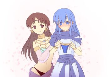 Rule 34 | 2girls, blue dress, blue eyes, blue hair, blush, brown eyes, brown hair, circlet, collarbone, dancer, dress, earrings, enteh, fermelle, full-face blush, highres, holding, holding panties, holding underwear, holding unworn clothes, jewelry, long hair, multiple girls, neck ring, panties, plum (tear ring saga), red panties, scarf, see-through clothes, see-through sleeves, short sleeves, simple background, tear ring saga, tear ring saga: yutona eiyuu senki, underwear, white background