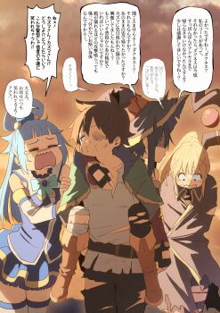1boy 3girls aqua_(konosuba) black_cape black_hair black_pants blonde_hair blue_hair blunt_bangs blush bow bowtie brown_hair bruise cape capelet carrying darkness_(konosuba) green_bow green_bowtie green_capelet grey_shirt hair_ornament hat highres injury izawa_(bhive003) kono_subarashii_sekai_ni_shukufuku_wo! long_hair megumin multiple_girls one_eye_closed pants piggyback satou_kazuma shiny_skin shirt short_hair speech_bubble torn_cape torn_clothes torn_hat torn_pants torn_shirt translation_request x_hair_ornament