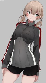 1girl adapted_costume anchor_hair_ornament black_shorts blonde_hair blue_eyes contrapposto cowboy_shot grey_background grey_jacket hair_ornament highres jacket kantai_collection long_hair low_twintails miron_(mirona33) prinz_eugen_(kancolle) shorts simple_background solo twintails