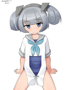 1girl absurdres aqua_neckerchief blue_one-piece_swimsuit commentary_request dated grey_eyes grey_hair grey_sailor_collar headgear highres i-36_(kancolle) kantai_collection maru_(marg0613) neckerchief one-hour_drawing_challenge one-piece_swimsuit sailor_collar sailor_shirt school_swimsuit shirt simple_background sitting smile solo swimsuit swimsuit_under_clothes twintails twitter_username white_background white_shirt