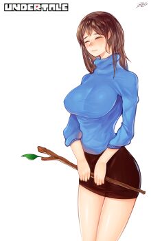 1girl 3gs aged_up bad_id bad_pixiv_id breasts brown_hair closed_eyes female_focus female_frisk_(undertale) frisk_(undertale) highres large_breasts long_hair mature_female pencil_skirt skirt solo stick sweater undertale utdr_(toby_fox) white_background