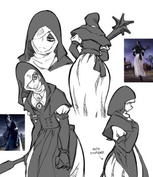 Rule 34 | 1girl, arm at side, black bodice, black capelet, black gloves, black hood, capelet, dress, elden ring, elden ring nightreign, english text, flanged mace, from below, from side, frown, game screenshot inset, gloves, greyscale, half-closed eyes, hand on own chest, highres, hunched over, jewelry, looking to the side, mace, mechapen, monochrome, multiple views, necklace, nun, one eye covered, undertaker (elden ring), weapon, white background, white coif, white dress, wide-eyed