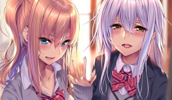 Rule 34 | 2girls, ayase kaya, ayase touka (piromizu), black jacket, blonde hair, blue eyes, blurry, blurry background, blush, bow, bowtie, collarbone, collared shirt, commentary request, cropped, crossed bangs, eyes visible through hair, fingernails, grey hair, grey sweater, hair between eyes, hand up, jacket, lapels, long hair, long sleeves, looking at viewer, lower teeth only, multiple girls, notched lapels, official art, open clothes, open jacket, open mouth, piromizu, red bow, red bowtie, school uniform, shirt, sistart!, sleeves past wrists, smile, striped bow, striped bowtie, striped clothes, sweater, teeth, white shirt, wing collar, yellow eyes