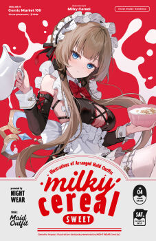 1girl alternate_costume apron blue_eyes blush bow bowtie breasts brown_hair cleavage closed_mouth commentary_request cover cover_page detached_sleeves english_text enmaided floating_hair genshin_impact highres holding long_hair long_sleeves looking_at_viewer maid motto_(night_wear) red_background red_bow red_bowtie sandrone_(genshin_impact) solo thighhighs very_long_hair white_apron white_bow white_thighhighs