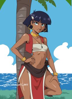 1girl absurdres against_tree artist_name bandeau bare_shoulders belt blue_gemstone blue_sky blunt_bangs blunt_ends bracelet breasts brown_belt brown_sash cleavage closed_mouth cloud collarbone commentary cowboy_shot cropped_vest dark-skinned_female dark_skin earrings english_commentary fushigi_no_umi_no_nadia gem gold_bracelet gold_earrings grass green_eyes hair_ornament hairclip hand_on_own_hip hand_on_own_leg highres hoop_earrings jewelry knee_up looking_at_viewer midriff_peek nadia_la_arwall navel neck_ring necklace nose ocean orkmont_art palm_tree pelvic_curtain pendant purple_hair red_skirt red_vest shiny_skin short_hair signature skirt sky sleeveless small_breasts smile solo standing standing_on_one_leg strapless tree tube_top twitter_username upturned_eyes vest water white_bandeau white_trim