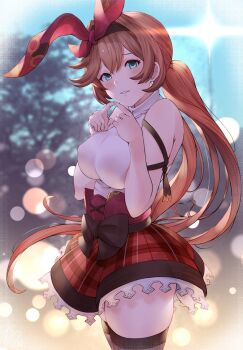 Rule 34 | black thighhighs, bow hairband, clarisse (granblue fantasy), clarisse (valentine) (granblue fantasy), commentary request, granblue fantasy, green eyes, haido (ryuuno kanzume), hairband, highres, index fingers together, official alternate costume, orange hair, plaid clothes, plaid skirt, red skirt, ribbon, skirt, sleeveless, teeth, thighhighs