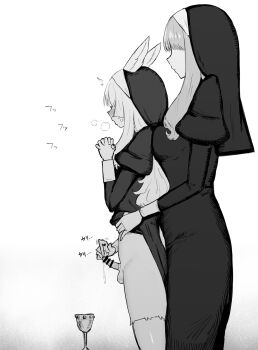 1boy 1girl age_difference animal_ears animal_penis bar_censor blush censored chalice commentary cup dress erection faceless faceless_female full-face_blush furry furry_male greyscale hetero highres juliet_sleeves long_dress long_sleeves monochrome nun onee-shota original own_hands_clasped own_hands_together penis poking_penis precum puffy_sleeves rabbit_boy rabbit_ears small_penis snout stefvanian symbol-only_commentary testicles thighhighs traditional_nun veil