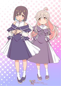 2girls :d absurdres alternate_costume artist_name bare_shoulders blue_hair blush bob_cut braid brown_eyes brown_hair colored_inner_hair commentary copyright_name dress full_body hand_on_another&#039;s_shoulder highres hozuki_momiji long_hair long_sleeves looking_at_another male-female_symbol matching_outfits multicolored_hair multiple_girls off_shoulder onii-chan_wa_oshimai! open_mouth oyama_mahiro pink_hair robomito shoes short_hair side_braid simple_background single_braid smile socks standing two-tone_hair white_socks