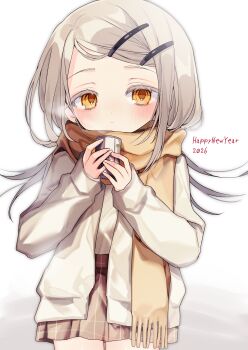 1girl 2026 absurdres blonde_hair blush brown_skirt can closed_mouth commentary_request cowboy_shot flipped_hair gakuen_idolmaster hair_ornament hairclip hands_up happy_new_year highres holding holding_can idolmaster jacket looking_at_viewer miniskirt new_year open_clothes open_jacket orange_eyes orange_scarf parallel_hairclips plaid_clothes plaid_skirt satou_uyu scarf shinosawa_hiro skirt solo swept_bangs white_background white_jacket