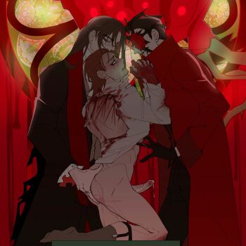 3boys absurdres arched_back beard_stubble black_coat black_gloves black_hair bleeding blood blood_stain blush brown_hair brown_socks clone_harem coat colored_extremities drooling dual_persona e.g.o_(project_moon) erection eyeliner facial_hair flower frilled_sleeves frills full_body gloves gregor_(project_moon) group_sex hair_slicked_back hand_on_another&#039;s_ass hand_on_another&#039;s_stomach high_collar highres injury jewelry kneeling la_manchaland_(identity)_(project_moon) limbus_company makeup meursault_(project_moon) mmm_threesome multiple_boys multiple_rings nanrongmian no_pants official_alternate_costume one_eye_covered open_mouth own_hands_together popped_collar precum project_moon red_coat red_eyes red_hands red_sash ring rose sash scraped_knee shirt socks stubble sweat threesome toned toned_male torn_clothes torn_shirt white_shirt yearning-mircalla_(e.g.o)