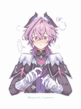 ... 1boy arms_up black_horns blush capelet collared_shirt colored_eyelashes commentary crossed_bangs double-parted_bangs dragon_boy dragon_horns genshin_impact gloves hair_between_eyes highres horns long_sleeves male_focus mayuka_ryemon medium_hair mini_durin_(genshin_impact) mini_durin_(human)_(genshin_impact) nervous_sweating open_mouth purple_eyes purple_hair purple_vest shirt simple_background sleeve_cuffs solo speech_bubble spoken_ellipsis sweat symbol-only_commentary twitter_username vest white_background white_gloves wide-eyed