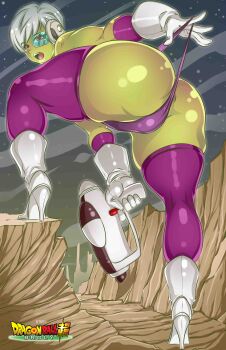 1girl absurdres adapted_costume armor artist_name ass back breastplate breasts butt_crack cameltoe cheelai colored_skin curvy dragon_ball dragon_ball_super dragon_ball_super_broly from_behind gloves green_skin gun highleg highleg_leotard highres holding holding_gun holding_weapon huge_ass large_breasts legs_apart leotard leotard_pull logo looking_at_viewer looking_back open_mouth outdoors pawzncupz purple_eyes purple_leotard revealing_clothes shiny_skin short_hair short_sleeves skindentation sky solo tears thong_leotard weapon wedgie white_gloves white_hair wide_hips