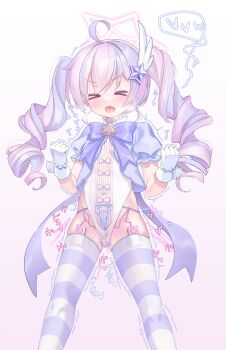 &gt;_&lt; 1girl :o absurdres ahoge artist_name blue_archive blush bow clenched_hands closed_eyes drill_hair egg_vibrator feather_hair_ornament feathers feet_out_of_frame female_orgasm gloves gradient_background groin hair_between_eyes hair_ornament halo highleg highleg_leotard highres leotard long_hair looking_at_viewer magical_girl multicolored_hair open_mouth orgasm panties puffy_sleeves purple_bow purple_hair reisa_(blue_archive) reisa_(magical)_(blue_archive) sash sex_toy short_sleeves side-tie_panties skindentation smile solo star_(symbol) star_hair_ornament star_halo streaked_hair striped_clothes striped_thighhighs thighhighs thighs twintails two-tone_hair underwear vibrator white_gloves white_hair white_leotard wrist_cuffs ya_chuifeng_lai