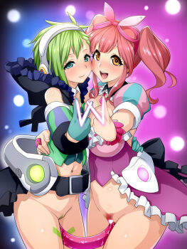 10s 2girls :d aqua_gloves bad_id bad_pixiv_id blue_eyes blush bottomless breasts brown_eyes censored cheek-to-cheek cleavage dildo double_dildo female_pubic_hair gloves green_hair headphones heads_together heart heart_censor highres hug huge_breasts looking_at_viewer macross macross_delta maeda_r44 makina_nakajima multiple_girls navel open_mouth pink_hair pubic_hair puffy_short_sleeves puffy_sleeves pussy_juice reina_prowler sex_toy shared_object_insertion short_hair short_sleeves smile striped_sleeves teeth v vaginal yuri