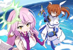 Rule 34 | 2girls, breasts, crossover, feathers, fingers to mouth, halo, highres, holding, holding staff, jibril (no game no life), long hair, lyrical nanoha, mahou shoujo lyrical nanoha, mahou shoujo lyrical nanoha the movie 1st, multiple girls, no game no life, ocean, pink hair, popo rinngo, raising heart, raising heart (cannon mode), sideboob, skirt, spiked halo, staff, sweatdrop, takamachi nanoha, takamachi nanoha (movie 1st mode), tamura yukari, voice actor connection, weapon, white skirt, wing ears, wings, yellow eyes