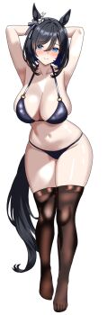 1girl animal_ears armpits arms_behind_head arms_up bikini black_bikini black_hair black_tail black_thighhighs blue_eyes blush breasts cleavage closed_mouth commentary_request commission ear_ornament eishin_flash_(umamusume) full_body hair_between_eyes hair_intakes haiwo highres horse_ears horse_girl horse_tail large_breasts looking_at_viewer navel o-ring o-ring_bikini o-ring_top pixiv_commission short_hair simple_background skindentation smile solo standing stomach swimsuit tail thighhighs thighs umamusume white_background