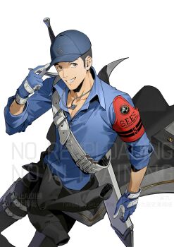 Rule 34 | 1boy, absurdres, armband, baseball cap, black hair, black jacket, black pants, blue gloves, blue hat, blue shirt, clothes around waist, collared shirt, feet out of frame, gloves, hashtag-only commentary, hat, highres, holster, iori junpei, jacket, jacket around waist, jewelry, lee999nine, looking at viewer, male focus, necklace, pants, parted lips, persona, persona 3, persona 3 reload, red armband, s.e.e.s, shirt, short hair, sleeves rolled up, smile, solo, sword, sword on back, thigh holster, weapon, weapon on back, white background