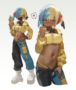 1girl blonde_hair blue_hair breasts canari_(pokemon) dark-skinned_female dark_skin heart highres holding kani_fish mask medium_breasts multicolored_hair navel nintendo pants phone pokemon pokemon_legends:_z-a spoken_heart