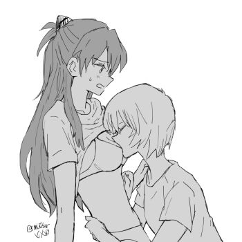 Rule 34 | 2girls, ayanami rei, bra, breasts, cleavage, closed eyes, clothes lift, commentary request, face to breasts, from side, greyscale, hand on another's shoulder, hand on another's stomach, hand on another's waist, interface headset (evangelion), long hair, looking at another, medium breasts, monochrome, multiple girls, mutsu (layergreen), neon genesis evangelion, open mouth, panties, shirt, shirt lift, short hair, simple background, souryuu asuka langley, sweatdrop, twitter username, underwear, white background, yuri