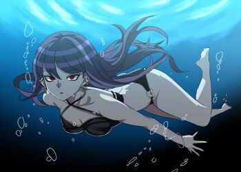 1girl absurdres air_bubble barefoot bikini black_bikini bracelet bubble collarbone commentary_request ear_piercing earrings full_body glasses highres itamaec jewelry long_hair looking_at_viewer parted_lips piercing purple_hair red_eyes shizuhara_hiruko solo swimming swimsuit the_hundred_line_-last_defense_academy- underwater