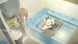 2girls animated anime_screenshot bath bathing bathroom black_hairband blonde_hair blue_eyes collarbone completely_nude computer convenient_censoring flat_chest hairband kurumi_(lycoris_recoil) laptop loli lycoris_recoil multiple_girls nude sound video wet