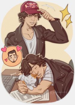 Rule 34 | absurdres, baseball cap, beard, black hair, black jacket, cat, chinstrap beard, computer keyboard, crying, facial hair, hat, heart, highres, inset, jacket, jacket on shoulders, judge eyes, kaito masaharu, leather, leather jacket, male focus, purring, red hat, shirt, sleeping, sleeping on desk, sparkle, teppn (gattobamboom), white shirt, yagami takayuki