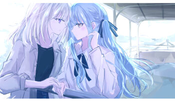 Rule 34 | 2girls, 55ddee, bang dream!, bang dream! it's mygo!!!!!, black ribbon, black shirt, blonde hair, blue hair, boat, braid, hair ribbon, jacket, letterboxed, long hair, long sleeves, medium hair, misumi uika, multiple girls, purple eyes, ribbon, shirt, sidelocks, simple background, togawa sakiko, watercraft, white background, white jacket, white shirt, yellow eyes, yuri