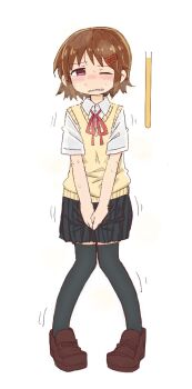 1girl between_legs black_thighhighs blue_skirt blush breath brown_hair brown_shoes clenched_teeth collared_shirt embarrassed female_focus flat_chest full_body hair_ornament hairclip half-closed_eye hand_between_legs have_to_pee knees_together_feet_apart large_variant_set looking_at_viewer miniskirt neck_ribbon nose_blush one_eye_closed original own_hands_together pigeon-toed pleated_skirt ponnu_(tnpn2yw) red_eyes red_ribbon ribbon school_uniform shirt shoes short_hair short_sleeves sidelocks simple_background skirt solo standing steam sweat sweater_vest teeth thighhighs trembling urine_meter v_arms variant_set vest white_background white_shirt yellow_vest