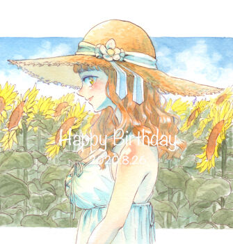 1girl 2020 bare_shoulders black_clover blue_sky blunt_bangs breasts cloud cloudy_sky dated dress field flower flower_field from_side green_eyes happy_birthday hat highres large_breasts light_blush long_hair looking_at_viewer mimosa_vermillion nnararagi orange_hair profile shoulder_blush sideways_glance sky sleeveless sleeveless_dress smile solo straw_hat sun_hat sunflower sunflower_field upper_body white_dress yellow_flower