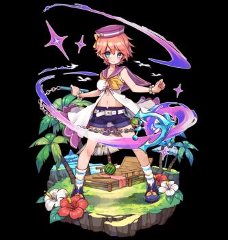 1girl anchor belt black_background blue_eyes blue_shoes blue_shorts blush breasts calamar_(merc_storia) cleavage closed_mouth flower full_body grass hair_between_eyes hat highres holding holding_whip leaf medium_breasts merc_storia merc_storia_art_team motion_lines navel neckerchief official_art open_clothes open_shirt palm_tree pink_hair purple_hat purple_sailor_collar red_flower sailor_collar shirt shoes short_shorts shorts sidelocks simple_background sleeveless sleeveless_shirt socks solo standing tachi-e tree water whip white_belt white_flower white_socks yellow_neckerchief