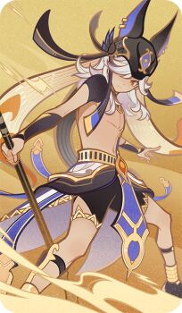 Rule 34 | 1boy, ancient egyptian clothes, animal ears, animal hat, bad source, belt, black choker, black gloves, black hat, black ribbon, black shirt, black shorts, choker, closed mouth, crop top, cyno (genshin impact), dark-skinned male, dark skin, desert, expressionless, fake animal ears, fingerless gloves, genius invokation tcg (style), genshin impact, gloves, gold trim, hair over one eye, hat, hat ribbon, holding, holding polearm, holding weapon, jackal ears, long hair, looking at viewer, male focus, official art, one eye covered, outdoors, parted bangs, pelvic curtain, polearm, red eyes, ribbon, sand, sandstorm, shirt, short shorts, short sleeves, shorts, solo, staff of the scarlet sands (genshin impact), standing, swept bangs, usekh collar, weapon, white hair