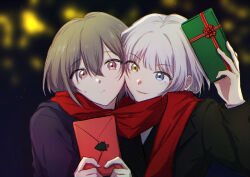 Rule 34 | 2girls, bang dream!, bang dream! it&#039;s mygo!!!!!, black coat, blue eyes, blurry, blurry background, box, cheek-to-cheek, christmas, closed mouth, coat, commentary, english commentary, gift, gift box, grey hair, heads together, heterochromia, highres, holding, holding gift, holding letter, jacha gam, kaname raana, letter, light particles, multiple girls, outdoors, parted lips, purple coat, red eyes, red scarf, scarf, shared clothes, shared scarf, short hair, smile, sweatdrop, takamatsu tomori, upper body, white hair, yellow eyes