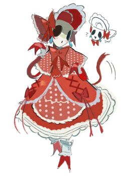 Rule 34 | 1girl, accurate lolita coord, alternate costume, bonnet, bow, capelet, classic lolita, commentary, doodle inset, dress, english commentary, frilled dress, frills, gangle (the amazing digital circus), highres, lolita fashion, mask, polka dot capelet, red bonnet, red bow, red capelet, red dress, red ribbon, ribbon, ryulveon, simple background, sketch, solo, standing, sweet lolita, tears, the amazing digital circus, white background
