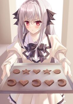 1girl :/ black_bow blush bow braid closed_mouth collared_shirt commentary_request cookie cowboy_shot crown_braid cuckoo_ki eyelashes food foreshortening frilled_skirt frills frown grey_hair hair_bow hair_intakes highres holding holding_tray indoors juliet_sleeves long_hair long_sleeves looking_at_viewer outstretched_arms puffy_sleeves red_eyes sakurakouji_luna school_uniform shirt sidelocks skirt solo standing straight_hair tray tsuki_ni_yorisou_otome_no_sahou v-shaped_eyebrows very_long_hair white_shirt white_skirt