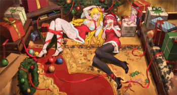 2girls black_thighhighs blonde_hair box breasts christmas christmas_tree closed_eyes commentary daible dress english_commentary gift gift_box hat highres lace lace_pantyhose large_breasts long_hair lying multiple_girls mythra_(xenoblade) on_back pantyhose pyra_(xenoblade) red_dress red_eyes red_hair santa_costume santa_dress santa_hat short_hair strapless strapless_dress stuffed_toy thighhighs white_pantyhose xenoblade_chronicles_(series) xenoblade_chronicles_2
