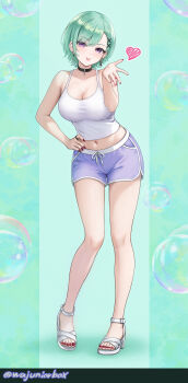 1girl :p absurdres black_choker breasts camisole choker cleavage crop_top dolphin_shorts earrings full_body green_hair hair_ornament hairclip hand_on_own_hip high_heel_sandals highres jewelry large_breasts looking_at_viewer midriff mismatched_earrings nail_polish navel pendant_choker purple_eyes purple_shorts red_nails sandals short_shorts shorts solo swept_bangs toenail_polish toenails tongue tongue_out variant_set virtual_youtuber vspo! wajuniorbox white_camisole x_hair_ornament yakumo_beni