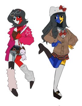 2girls animal_print asymmetrical_legwear blue_skin brown_cardigan cardigan colored_skin cosplay cropped_jacket cubism ena:_dream_bbq ena_(dream_bbq) ena_(ena) ena_(series) ena_(web_series) eyewear_on_head floating_head gimppal23679 hello_kitty_(character) hello_kitty_(character)_(cosplay) highres jacket leg_warmers looking_at_another low_poly mole mole_under_eye multicolored_skin multiple_girls pink_jacket pleated_skirt red_skin skirt split-color_skin two-tone_skin white_background yellow_skin